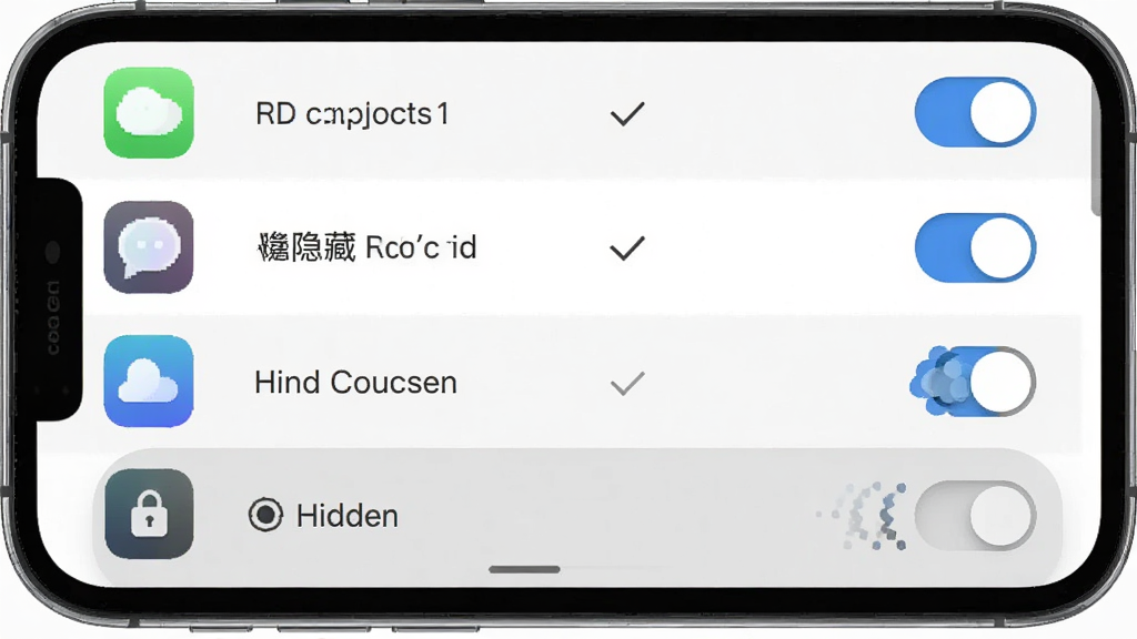 应用隐藏专家一键隐藏应用功能展示图,主体是手机屏幕显示应用列表和隐藏按钮,布局为左侧应用图标右侧隐藏开关,排版整齐,风格为现代简约UI设计,细节包括勾选状态、隐藏动画效果、密码锁图标,画质高清,干净无多余元素