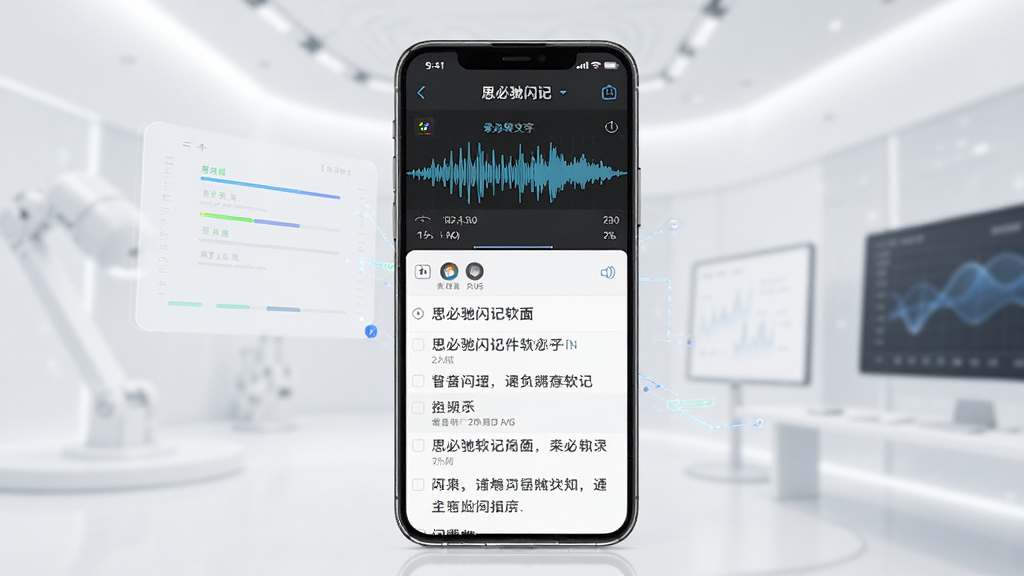 一张展示思必驰闪记软件主界面的产品宣传图,画面中央是手机屏幕,屏幕内显示思必驰闪记的录音转文字界面,有波形图和文字笔记列表,背景简洁明亮,风格现代科技感,细节清晰,画质干净,无多余元素