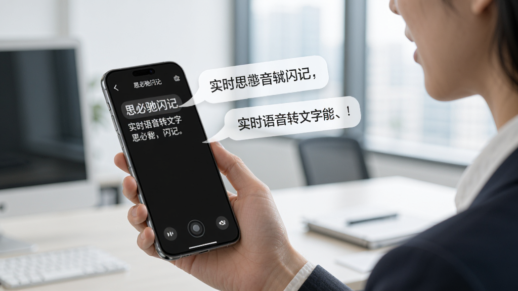 一张展示思必驰闪记实时语音转文字功能的场景图,画面中一个人对着手机说话,手机屏幕同步显示文字内容,文字以气泡形式呈现,背景为办公室环境,风格简洁商务,画质清晰,无多余元素