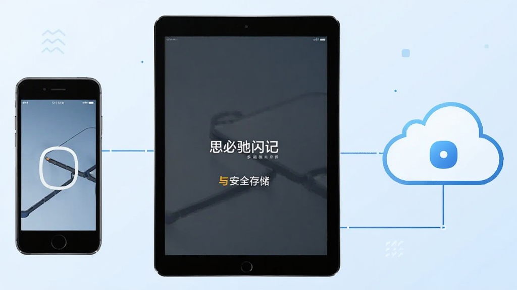 一张展示思必驰闪记多端同步与安全存储概念的示意图,画面中有手机、平板和云朵图标通过线条连接,背景为浅蓝色渐变,风格科技简约,画质清晰,无多余元素