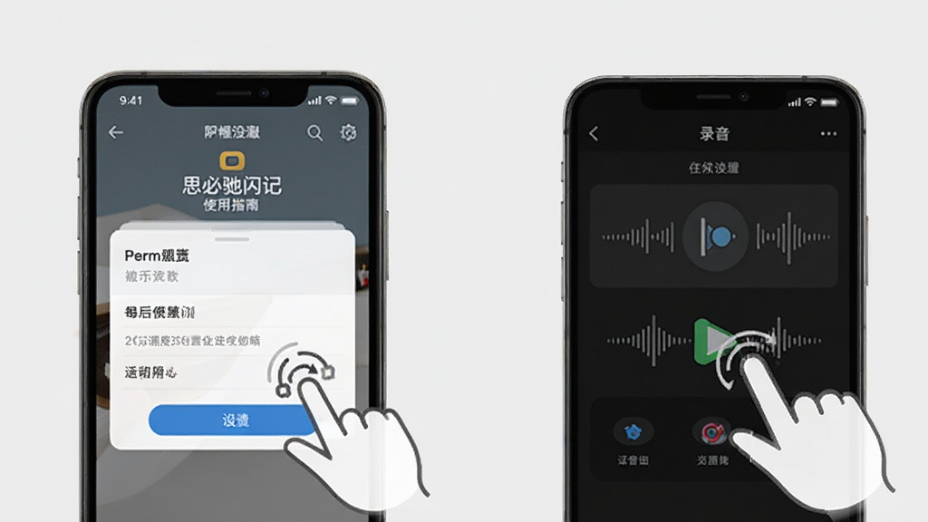 一张展示思必驰闪记使用指南的示意图,画面中手机屏幕显示权限设置和录音界面,旁边有手指点击操作的图标,背景为浅灰色,风格简洁实用,画质清晰,无多余元素