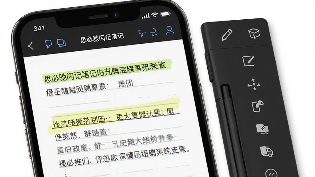 一张展示思必驰闪记笔记编辑界面的功能图,画面中手机屏幕显示编辑中的文字笔记,有高亮标注和分段线,旁边有编辑工具栏,风格清新简洁,画质干净,无多余元素