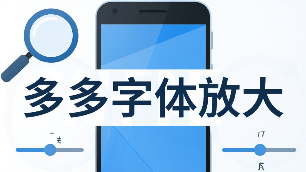 一部安卓手机屏幕中央显示放大的中文字体,界面简洁,主色调为蓝色和白色,手机周围有放大镜图标和字体大小调节滑块,背景干净明亮,风格为扁平化科技插画,细节清晰,画质高清,无多余元素,画面中文字为“多多字体放大”