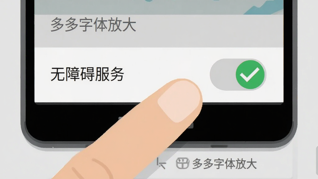 一部安卓手机显示权限设置界面,用户手指正在点击“无障碍服务”开关,旁边有绿色对勾标记,背景为浅灰色,风格为扁平化教程插画,画面中文字为“多多字体放大”,画质清晰,干净无杂物
