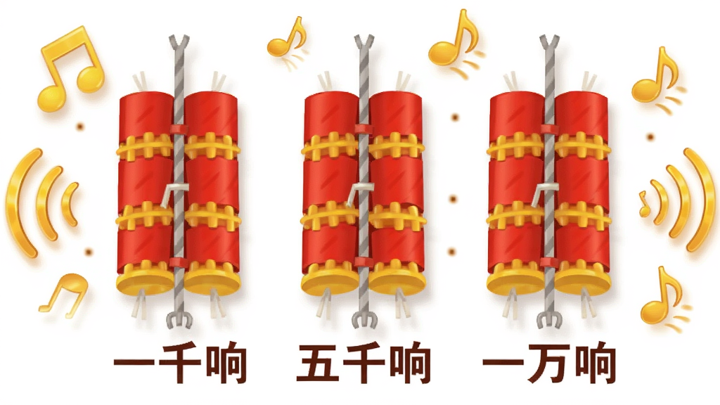 画面中央为一组排列整齐的红色鞭炮图标,图标下方标注“一千响”“五千响”“一万响”等字样,周围散布金色音符和声波符号,整体布局横向排列,风格为扁平化图标设计,细节包含轻微阴影和渐变底色,画质高清,干净,无多余元素