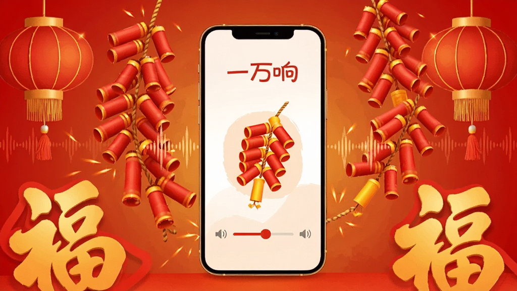 画面中央放置一部智能手机,屏幕显示“一万响”应用主界面,界面中有红色鞭炮图标和音量调节滑块,手机周围环绕红色鞭炮、金色福字、灯笼等春节元素,背景为暖红色渐变,整体布局居中对称,风格为中国风喜庆插画,细节包含火星飞溅和声波纹理,画质高清,干净,无多余元素