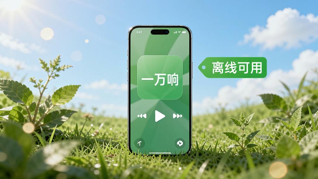 一部手机放置在户外草地上,屏幕显示“一万响”应用正在播放,周围有绿色植物和蓝天白云,手机旁边有一个绿色的“离线可用”标签,整体布局居中,风格为清新自然风格,细节包含阳光光斑和柔和阴影,画质高清,干净,无多余元素