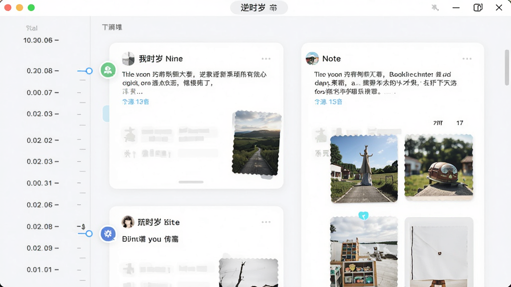 逆时岁软件界面截图,展示时间轴视图,左侧是日期刻度,右侧是卡片式记录,包含文字笔记和图片缩略图,界面风格清新简洁,画质清晰