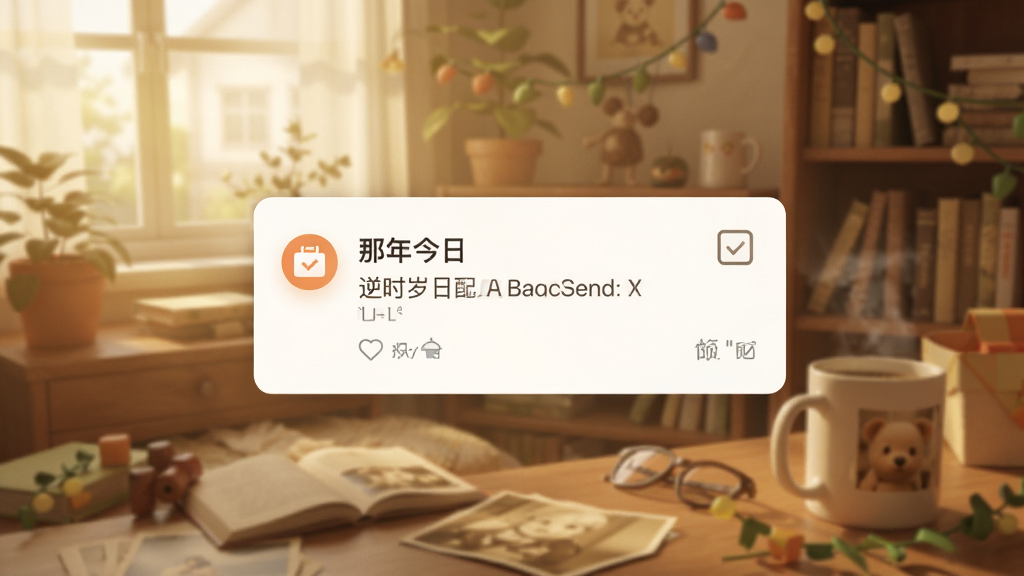 逆时岁软件推送回顾提醒的界面,显示一条“那年今日”通知卡片,背景是温馨的回忆风格,画质清晰干净