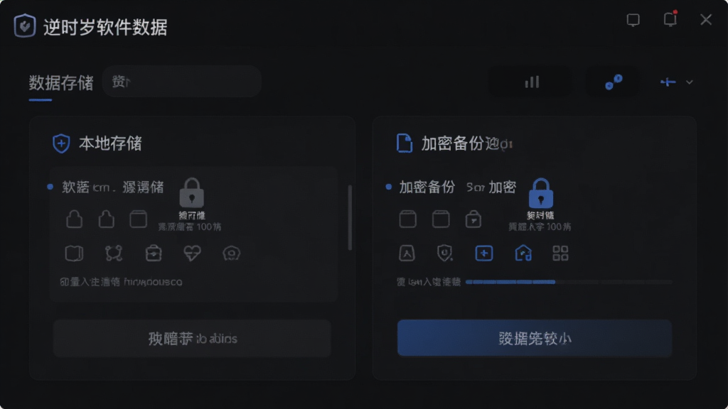 逆时岁软件的数据存储设置页面,展示本地存储与加密备份选项,界面以深色模式呈现,突出安全与隐私保护,画质清晰干净