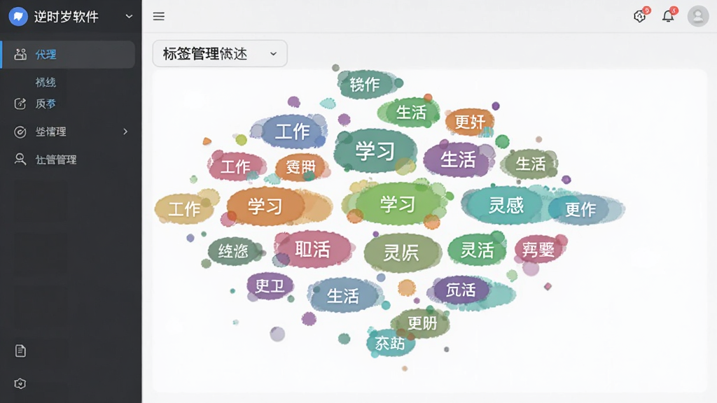 逆时岁软件中的标签管理界面,展示多个彩色标签云,标签包括工作、学习、生活、灵感等,界面布局清晰,风格现代,画质干净