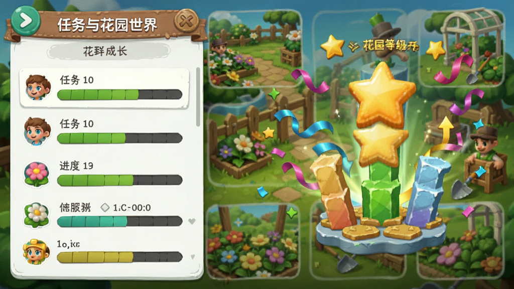 我的花园世界 任务与成长界面,画面左侧是任务列表和进度条,右侧是花园等级提升的庆祝动画,有星星和彩带效果,背景是花园场景的缩略图,整体风格活泼明快,画质清晰干净