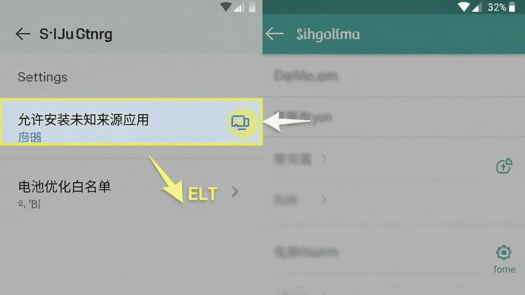 我的花园世界 手机端安装设置界面截图,画面展示安卓手机的设置菜单,高亮显示“允许安装未知来源应用”选项和“电池优化白名单”设置项,界面简洁清晰,有箭头标注操作步骤,画质干净无多余元素