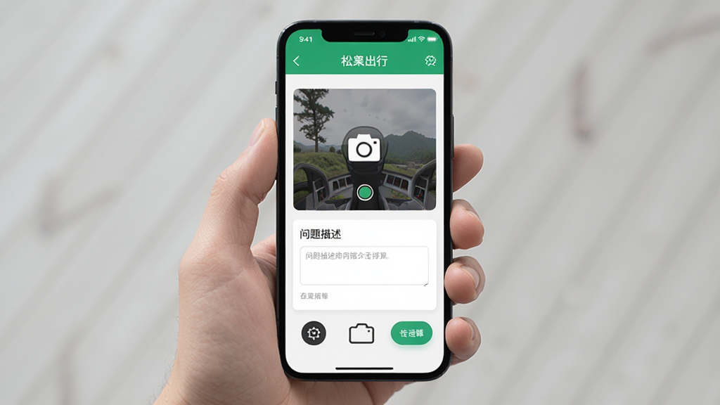 手机屏幕展示松果出行应用内的故障上报页面,界面包含拍照上传与问题描述输入框,主体为手持手机特写,布局采用居中排版,风格为扁平化UI展示,细节包括图标按钮与文字标签,画质清晰,干净,无多余元素