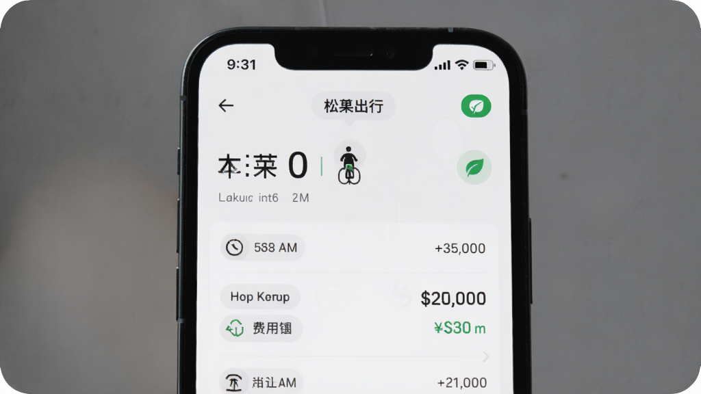 画面展示一部智能手机屏幕上的松果出行计费页面,显示骑行时长与费用明细,主体为手机特写,布局采用居中排版,风格为简约科技感,细节包括时间数字、金额显示与绿色环保图标,画质高清,干净,无多余元素