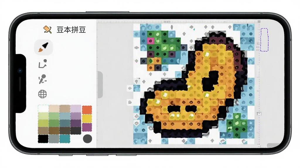 一幅展示豆本拼豆像素画编辑界面的图片,画面主体是手机屏幕中正在编辑的像素画布,上面有彩色方块组成的图案,布局为左侧工具栏右侧画布的经典布局,排版简洁直观,风格为扁平化数码界面风,细节处可见画笔工具和调色板,画质高清干净,图片中带有“豆本拼豆”文字