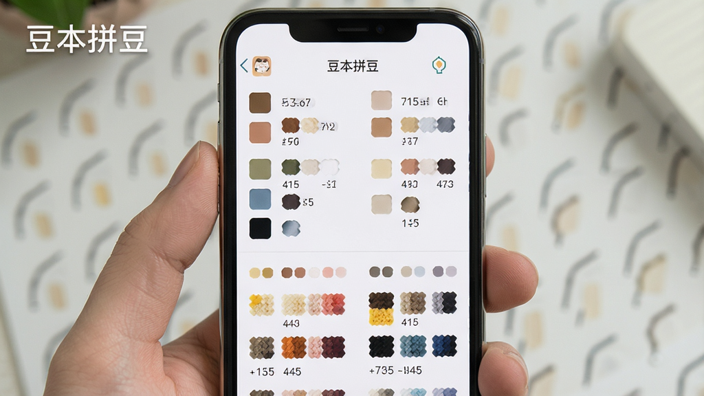 一张展示豆本拼豆配色辅助功能的图片,画面主体是手机屏幕中显示色号列表和多种配色方案对比,布局为上下分栏,排版清晰,风格为清爽工具类界面风,细节处可见色块和色号数字,画质高清干净,图片中带有“豆本拼豆”字样