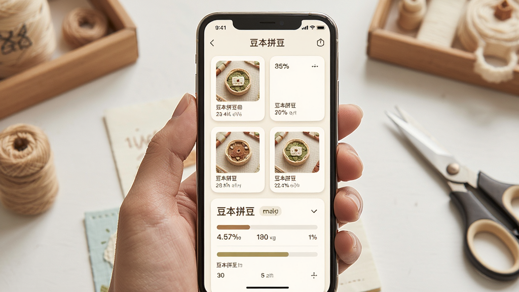 一幅展示豆本拼豆作品管理界面的图片,画面主体是手机屏幕中显示作品列表和进度条,布局为卡片式排列,排版整齐,风格为温馨手工记录风,细节处可见进度百分比和作品缩略图,画质高清干净,图片中带有“豆本拼豆”文字