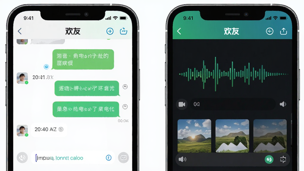 画面主体为两个手机屏幕并排展示“欢友”聊天窗口,左侧显示文字消息气泡,右侧显示语音波形与图片缩略图,布局为左右对称,风格为清爽科技风插画,细节包括时间戳、已读标记、输入状态提示,画质干净清晰,无多余元素