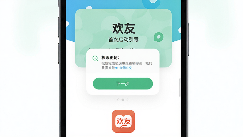 画面主体为手机屏幕显示“欢友”安装完成后的首次启动引导页,布局为居中卡片式提示,风格为清新简约插画,细节包括权限请求弹窗、下一步按钮、应用图标,画质清晰干净,无多余元素