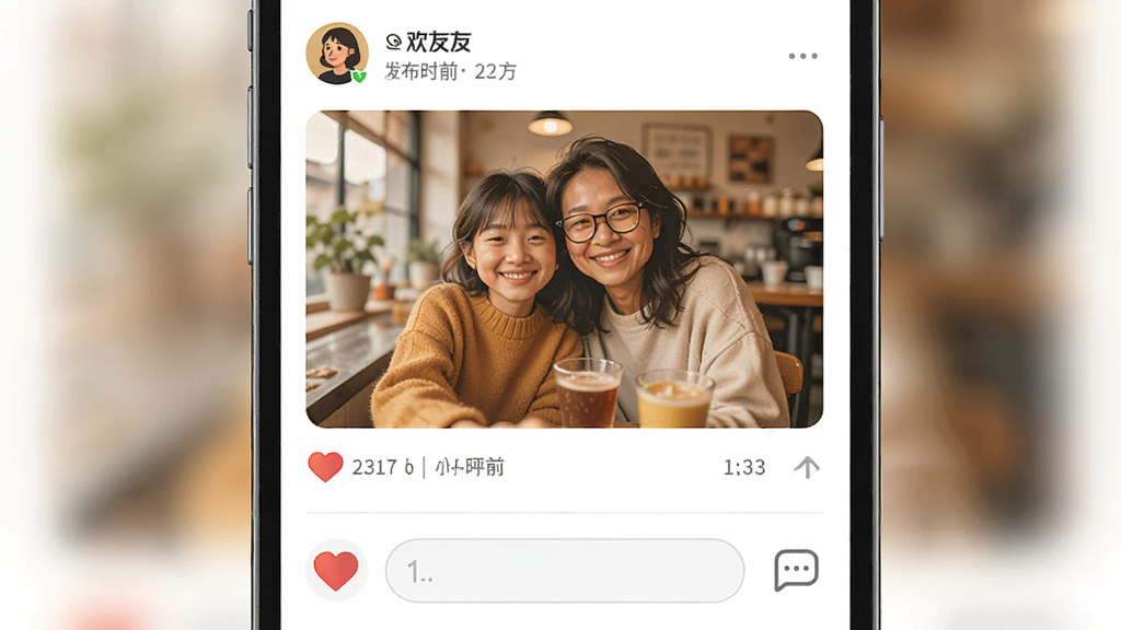 画面主体为“欢友”动态页面,中央为一张生活照片卡片,下方有点赞图标与评论输入框,布局为纵向信息流,风格为温暖社交风插画,细节包括用户头像、发布时间、点赞数字,画质清晰干净,无多余元素