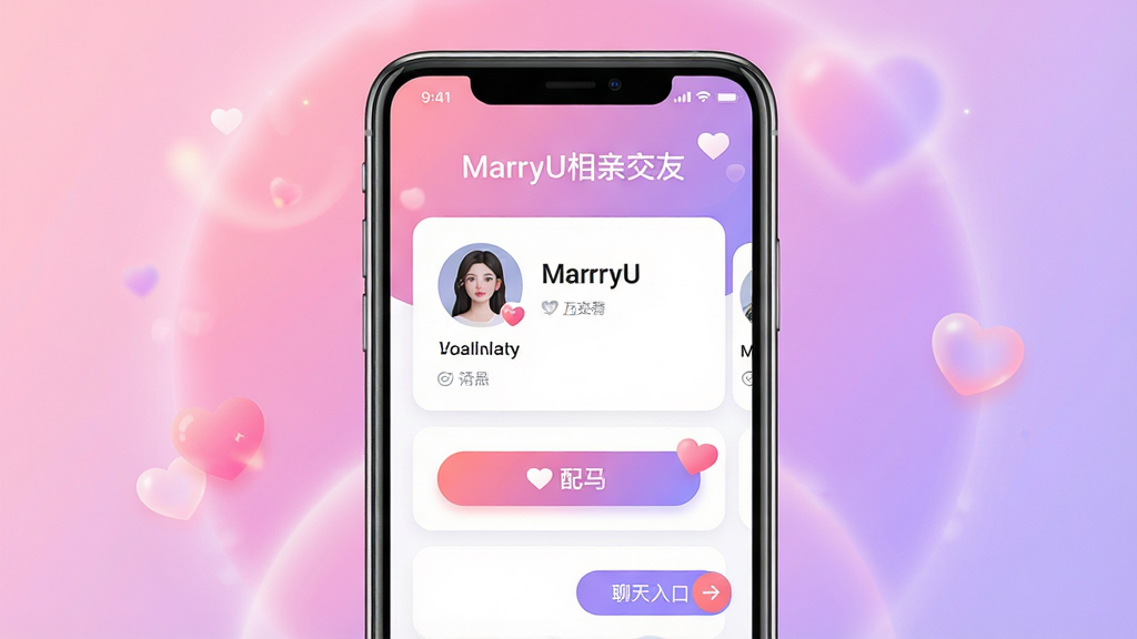 MarryU相亲交友APP整体界面展示,主体为一部智能手机屏幕,屏幕内呈现婚恋交友应用首页,包含用户头像卡片、配对按钮与聊天入口;布局采用居中构图,手机置于画面中央,背景为柔和的粉紫色渐变光晕;排版清晰,突出软件名称文字