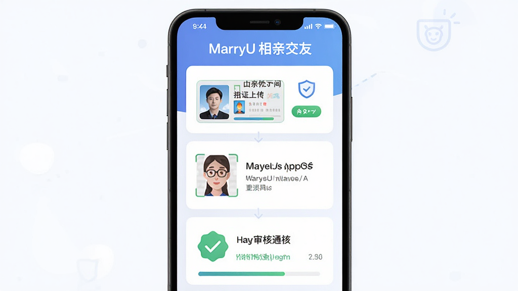 MarryU相亲交友实名认证流程示意图,主体为手机屏幕显示认证页面,包含身份证上传、人脸识别与审核通过标识;布局为纵向排列的三个步骤卡片;排版简洁,顶部标注