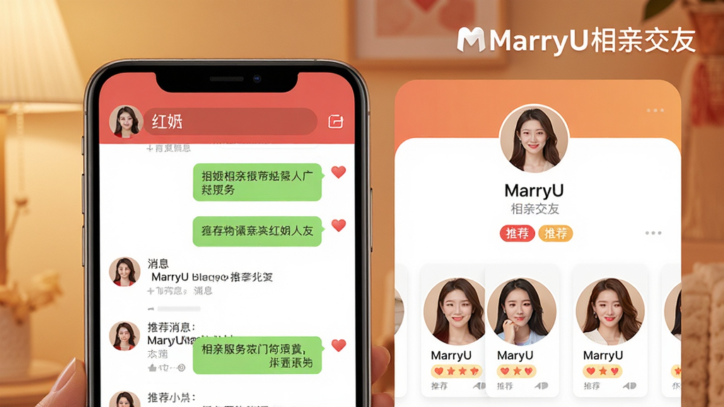 MarryU相亲交友红娘服务场景图,主体为手机屏幕显示红娘聊天界面与推荐人选卡片;布局为左右分栏,左侧为红娘头像与消息列表,右侧为用户资料卡;排版整齐,画面中带有