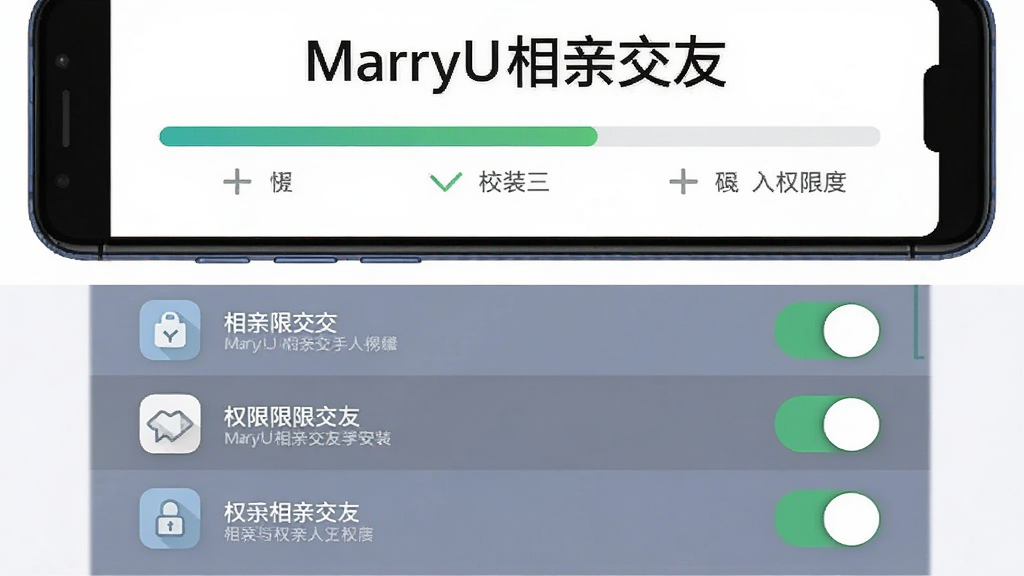 MarryU相亲交友手机安装与权限设置操作示意图,主体为手机屏幕显示权限管理页面与应用安装界面;布局为上下两部分,上方为安装进度条,下方为权限开关列表;排版清晰,画面中包含