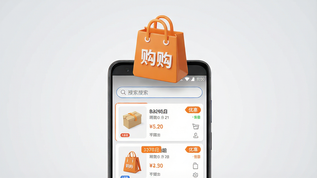 一张手机购物应用界面展示图,画面中央是一部竖屏安卓手机,屏幕上显示购物商品列表与优惠标签,手机上方悬浮一个立体橙色购物袋图标,图标上写有