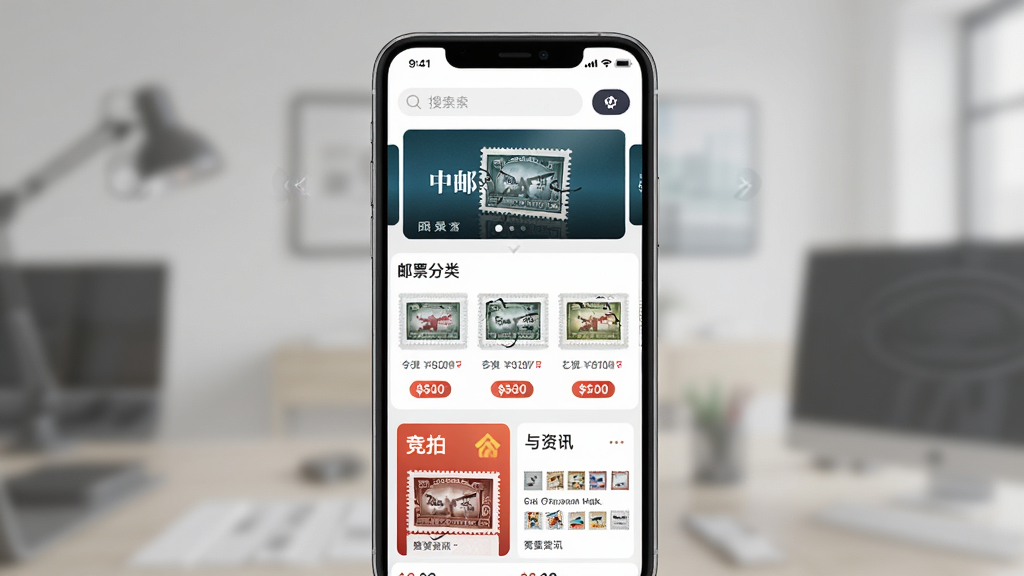 中邮网商城应用启动界面,主体为手机屏幕展示邮票商城首页,布局上方为搜索框与轮播图,中部为邮票分类入口,下方为竞拍与资讯模块,排版整齐清晰,风格现代简约商务,细节包含邮票缩略图与价格标签,画质高清,画面干净,无多余元素