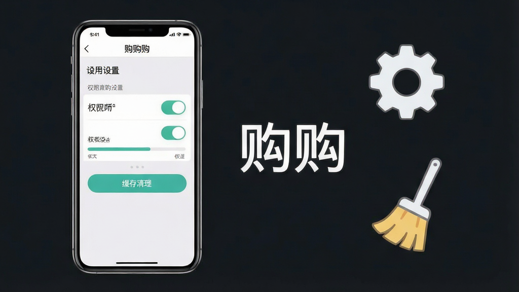 一张手机应用使用技巧示意图,画面中一部手机展示购购App的设置页面,页面中有权限开关与缓存清理按钮,手机旁边有一个齿轮图标和一个扫帚图标,画面中央标注