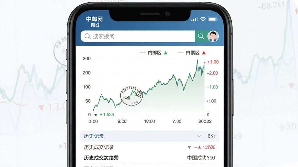 中邮网商城行情查询界面,主体为手机屏幕展示邮票价格走势折线图,布局上方为搜索栏,中部为图表区域,下方为历史成交记录列表,排版层次分明,风格简约商务,细节包含涨跌颜色标识与时间轴,画质高清,画面干净,无多余元素