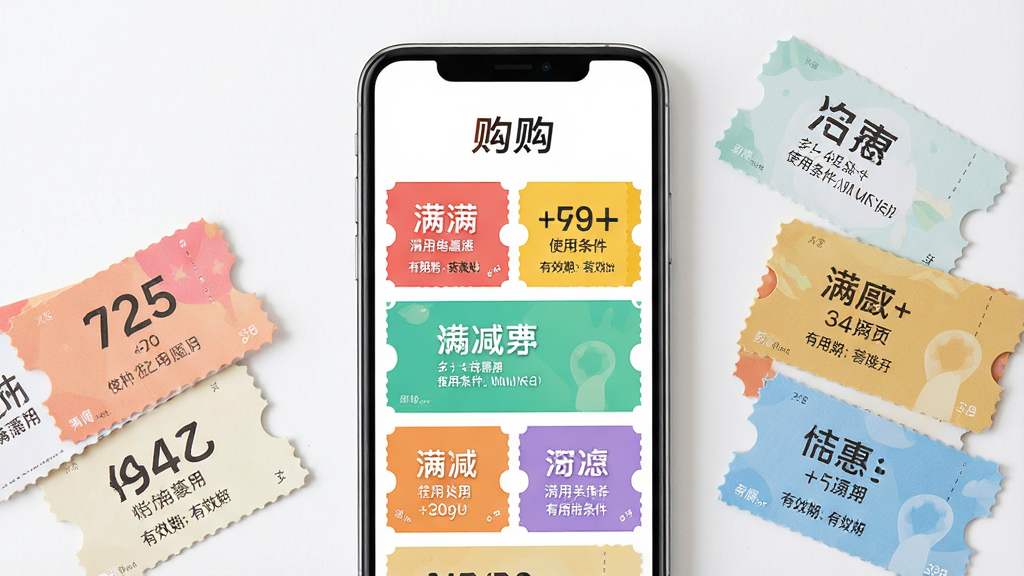 一张优惠券领取界面的展示图,画面主体是一部手机屏幕,屏幕上排列着多张色彩各异的优惠券卡片,卡片上写有满减信息,手机旁边散落几张纸质优惠券作为点缀,画面中央上方标注
