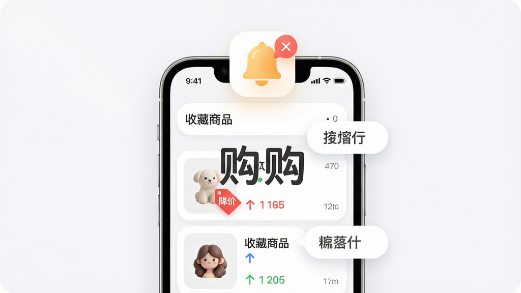 一张商品收藏与降价提醒功能展示图,画面中一部手机屏幕显示收藏商品列表,其中一件商品旁边有红色降价标签,手机上方漂浮一个铃铛通知图标,画面中央标注