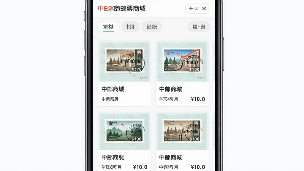 中邮网商城邮票商城页面展示,主体为手机屏幕内呈现多枚邮票商品卡片,布局为两列网格排列,排版每张卡片包含邮票图片、名称与价格,风格清新浅色,细节有筛选按钮与分类标签,画质高清,画面干净,无多余元素