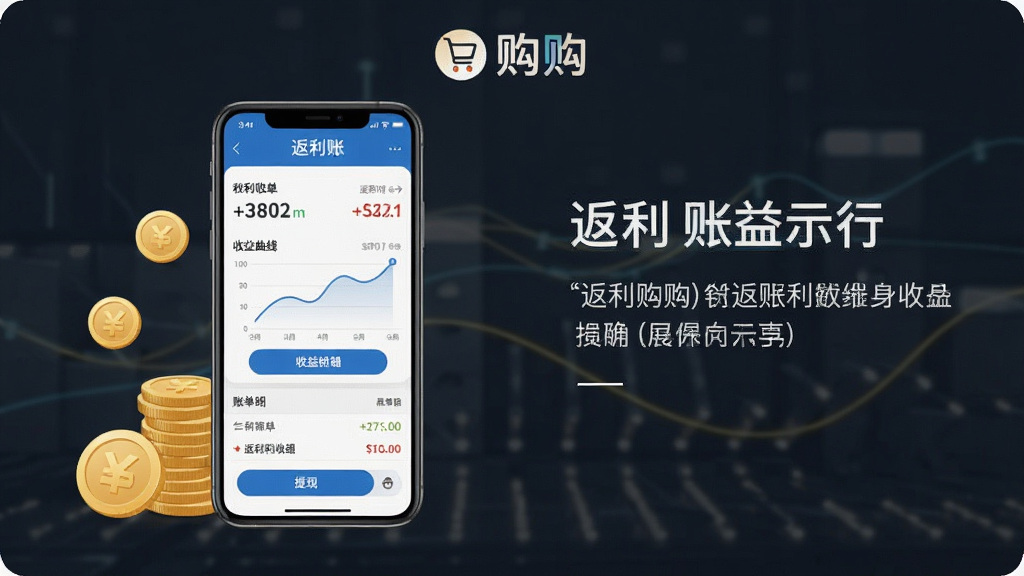 一张返利收益界面的示意图,画面中一部手机展示返利账单与收益曲线图,手机旁边放置几枚金币图标,画面顶部有