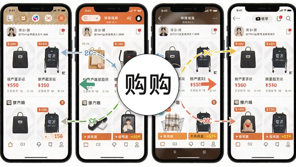 一张展示购物比价功能的场景图,画面中多台手机并排展示不同电商平台的商品价格页面,中间用箭头与对比符号连接,画面中央有一个写有