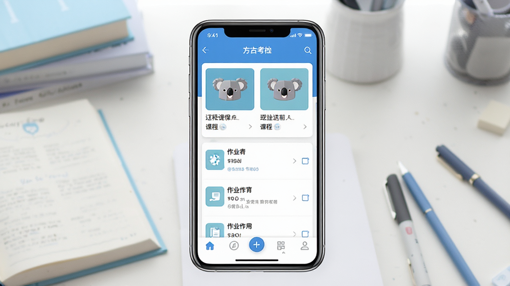 һ��չʾ���鿼�������������ͼƬ�������������ֻ���Ļ����Ļ�ڳ��ַ��鿼��Ӧ����ҳ�������γ̿�Ƭ����ҵ�б��͵ײ�������������Ϊ��͵�ѧϰ���泡�������鱾���ľߵ�׺�����������¼�࣬ɫ��������Ϊ��������ɾ��޶���Ԫ�أ����廭�ʣ��ʺ�������������վԤ��ͼ