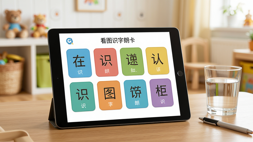 一张展示看图识字朗读卡在平板电脑上运行的场景图,画面是一台横屏平板电脑放置在木质桌面上,屏幕上显示着识字卡片主界面,有多个彩色卡片缩略图排列整齐,旁边放着一杯水和一支笔,背景是明亮的儿童房间,整体风格温馨自然,画质清晰干净
