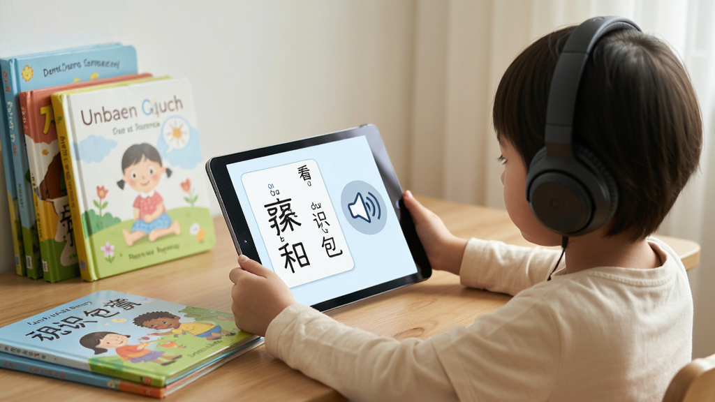 一张展示看图识字朗读卡语音朗读功能的场景图,画面中一个小朋友戴着耳机坐在书桌前,手中拿着平板电脑,平板屏幕上显示着识字卡片界面,有汉字和拼音,旁边有声音波纹图标表示正在朗读,书桌上放着几本儿童绘本,整体氛围安静专注,画质柔和清晰