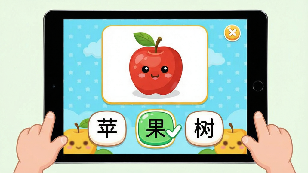 一张展示看图识字朗读卡互动练习模式的界面图,画面中是平板电脑屏幕显示看图选字游戏界面,上方是一张苹果的图片,下方有三个汉字选项“苹”“果”“树”,其中一个选项被高亮选中并显示对勾,界面色彩活泼,按钮圆润可爱,整体风格适合儿童,画质清晰干净