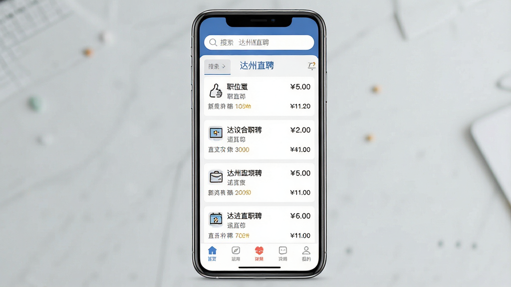 一张手机应用界面展示图,画面中央是一部智能手机,屏幕上显示着达州直聘APP的首页界面,界面顶部有搜索框和达州直聘文字标识,中间是招聘职位列表,包含职位名称和薪资信息,底部有导航栏,整体布局简洁清晰,风格为现代扁平化设计,细节包括图标和文字排版整齐,画质清晰,干净,无多余元素