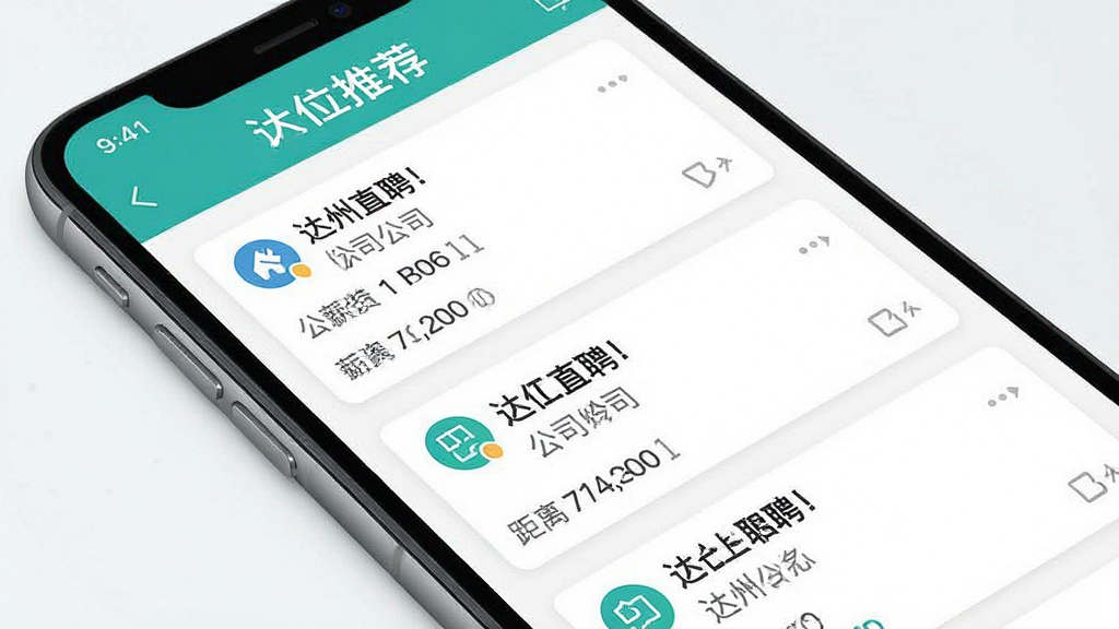 一张达州直聘APP的岗位推荐页面截图风格图片,画面主体是手机屏幕,屏幕内展示着达州直聘的智能推荐职位列表,每个职位卡片上标注了职位名称、公司名称、薪资范围和距离,布局采用卡片式设计,排版整齐,风格为清新简约的移动端UI风格,细节包括图标和文字清晰可见,画质干净,无多余元素