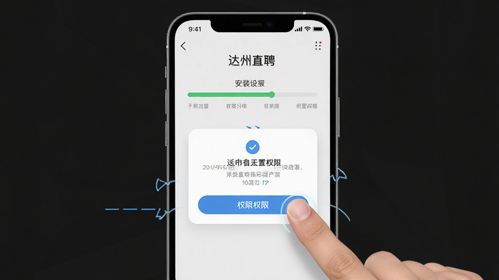 一张展示达州直聘APP安装和权限设置界面的图片,画面中手机屏幕显示着安装进度条和权限开启提示弹窗,旁边有手指点击操作的示意,布局为手机界面截图风格,排版清晰,风格为科技感简约风,细节包括按钮和文字提示,画质清晰,干净,无多余元素