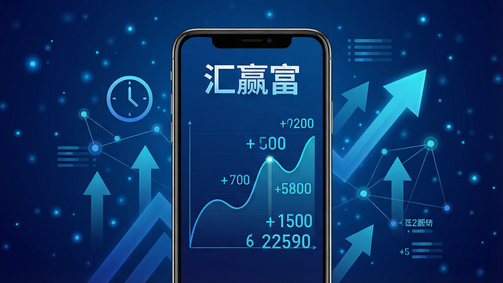 一张以数据动态更新为主题的科技感插图,画面中央为一部智能手机,屏幕中显示“汇赢富”收益曲线图与数字跳动效果,手机周围环绕着上升的箭头、时钟图标与数据节点连线。背景为深蓝色渐变,带有微光粒子效果,整体风格偏向科技与金融结合,文字“汇赢富”在屏幕上方清晰呈现,画质细腻,无多余元素干扰。