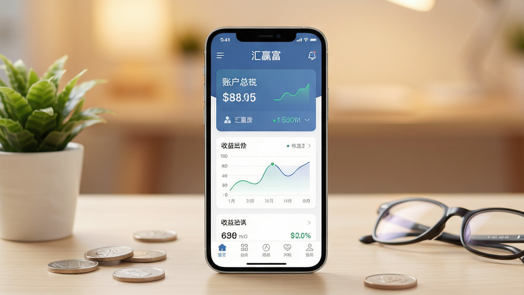 一张展示汇赢富手机应用主界面的竖版场景图,画面中央是一部现代智能手机,手机屏幕中清晰展示“汇赢富”应用的首页布局,包含账户总览卡片、收益曲线小图与底部导航栏。手机放置在一张浅色木质桌面上,周围点缀几枚硬币、一盆小型绿植与一副眼镜。背景为柔和的暖色调虚化,整体风格偏向商务简洁、干净清爽。画面中文字需包含“汇赢富”三个字,字体清晰、排版整齐,画质高清,无多余杂乱元素。