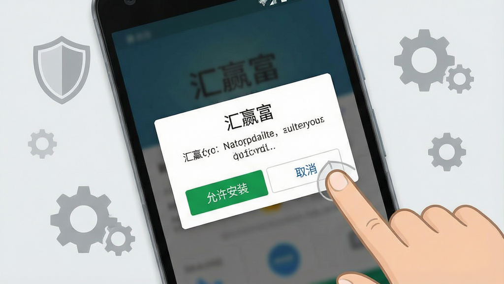 一张展示手机应用安装权限设置界面的示意图,画面中一部安卓手机屏幕显示“汇赢富”安装提示弹窗,包含“允许安装”与“取消”按钮,旁边有手指点击操作的示意。背景为浅灰色,带有盾牌与齿轮图标点缀,风格简洁实用,文字“汇赢富”在弹窗标题处清晰可见,画质清晰,无杂乱元素。