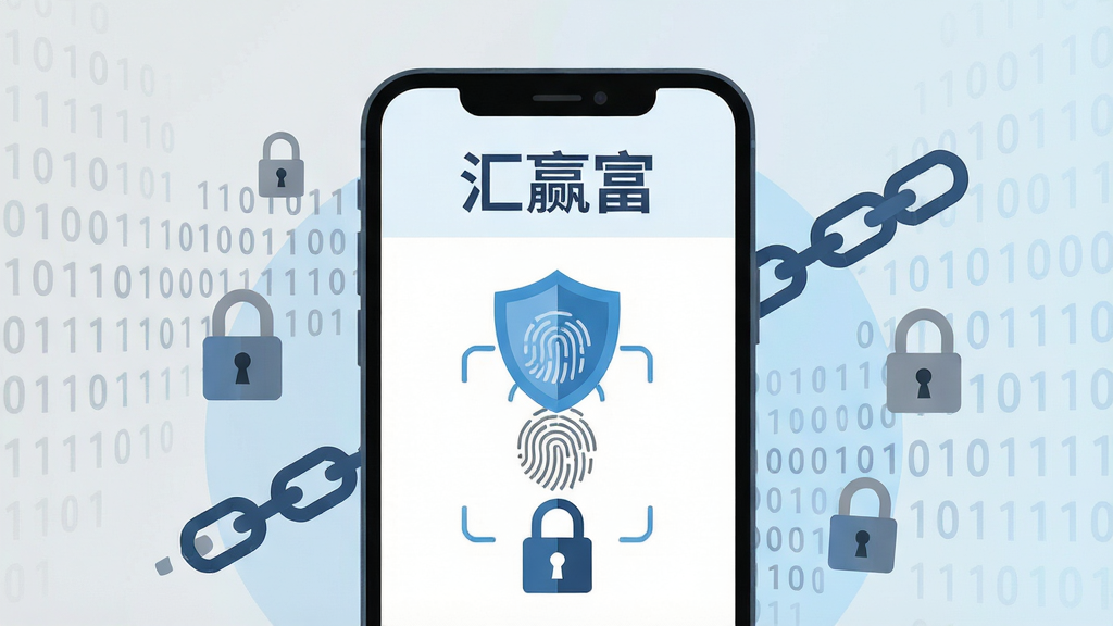 一张以安全防护为主题的扁平化插画,画面中央是一部手机,屏幕中显示“汇赢富”安全中心页面,包含盾牌图标、指纹识别图案与锁形标志。手机周围环绕着二进制代码、加密锁链等抽象元素,背景为浅灰色与淡蓝色渐变,整体风格简洁专业,文字“汇赢富”在屏幕顶部清晰可见,画质干净,构图居中。