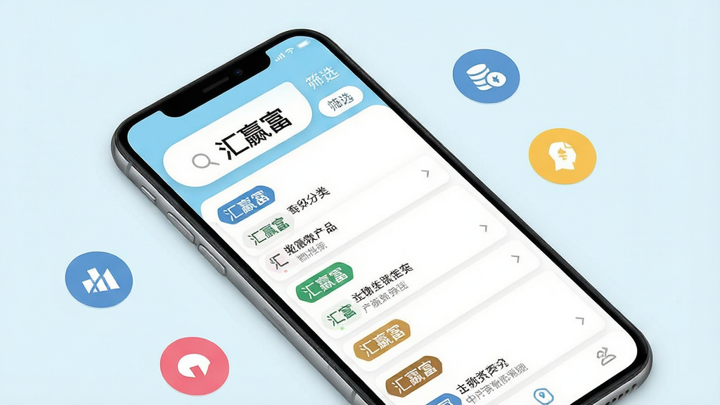 一张展示汇赢富产品分类页面的手机界面效果图,画面中一部手机斜放在纯色背景上,屏幕内显示“汇赢富”产品列表页面,列表项包含不同颜色标签与简要说明文字,顶部有搜索框与筛选按钮。手机旁边散落几个彩色圆形图标作为装饰,风格清新明快,主色为浅蓝与白色,文字“汇赢富”在屏幕顶部醒目展示,整体画面干净整洁,画质高清。